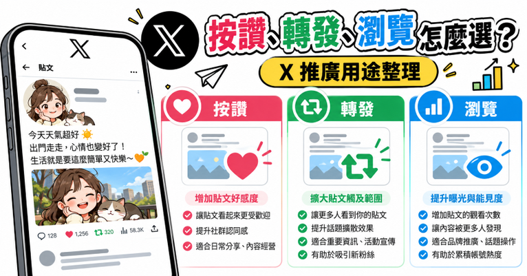 X Twitter 按讚轉發瀏覽量服務用途比較